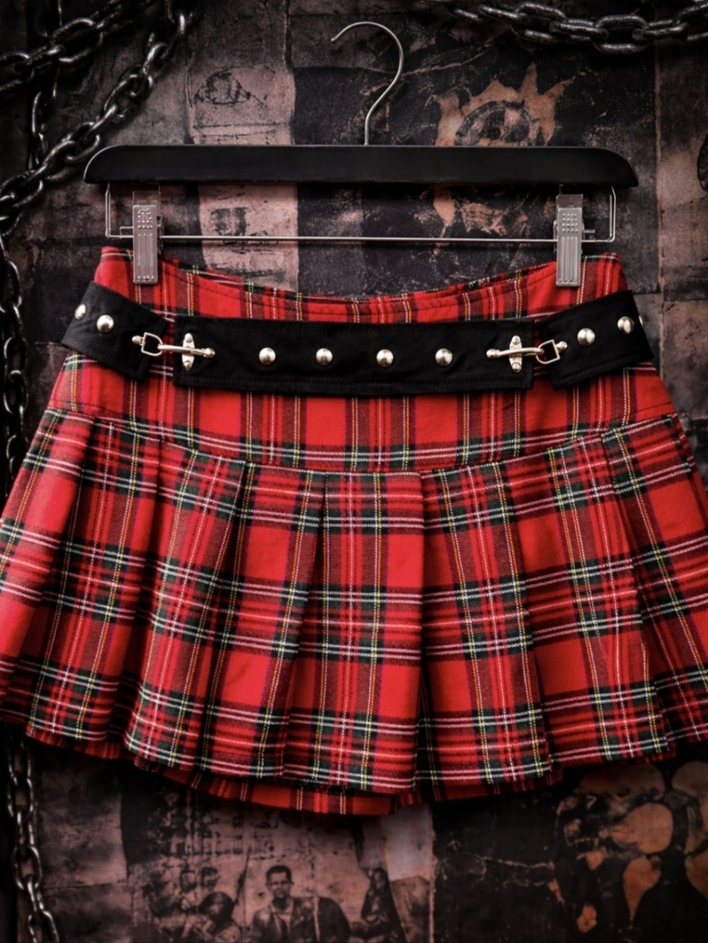 SOLD Tripp NYC Red Plaid Pleated Mini Skirt w/ Studded Belt Punk Y2K Goth Small